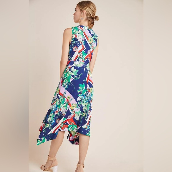 Maeve Anthropologie Spirited Navy Floral Stripe Print Faux Wrap Midi Dress 16 - Picture 2 of 13